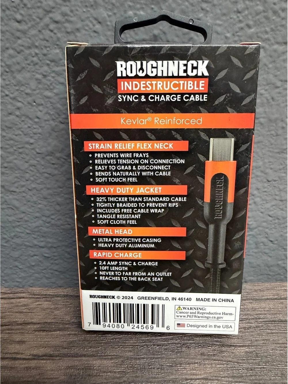 10ft Roughneck USB-C to USB-A Cable 2.4A Indestructible Black Cord New